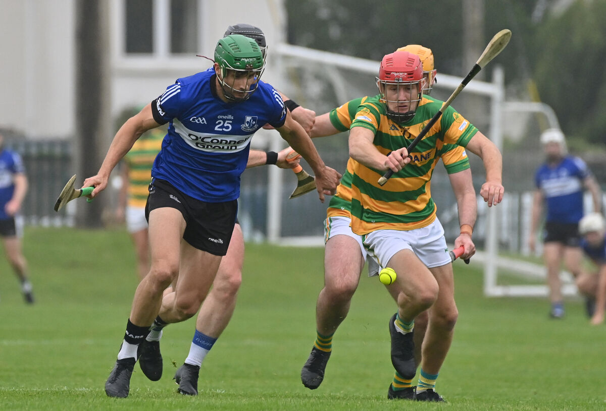  Ryan Sweeney of Blackrock looking to win this ball from Sarsfields' Craig Leahy. Picture: Dan Linehan