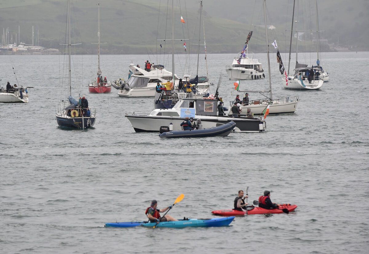 The large flotilla of various boats, swimmers and kayakers that took to the waters around Kinsale for the protest. The large flotilla of various boats, swimmers and kayakers that took to the waters around Kinsale for the protest.