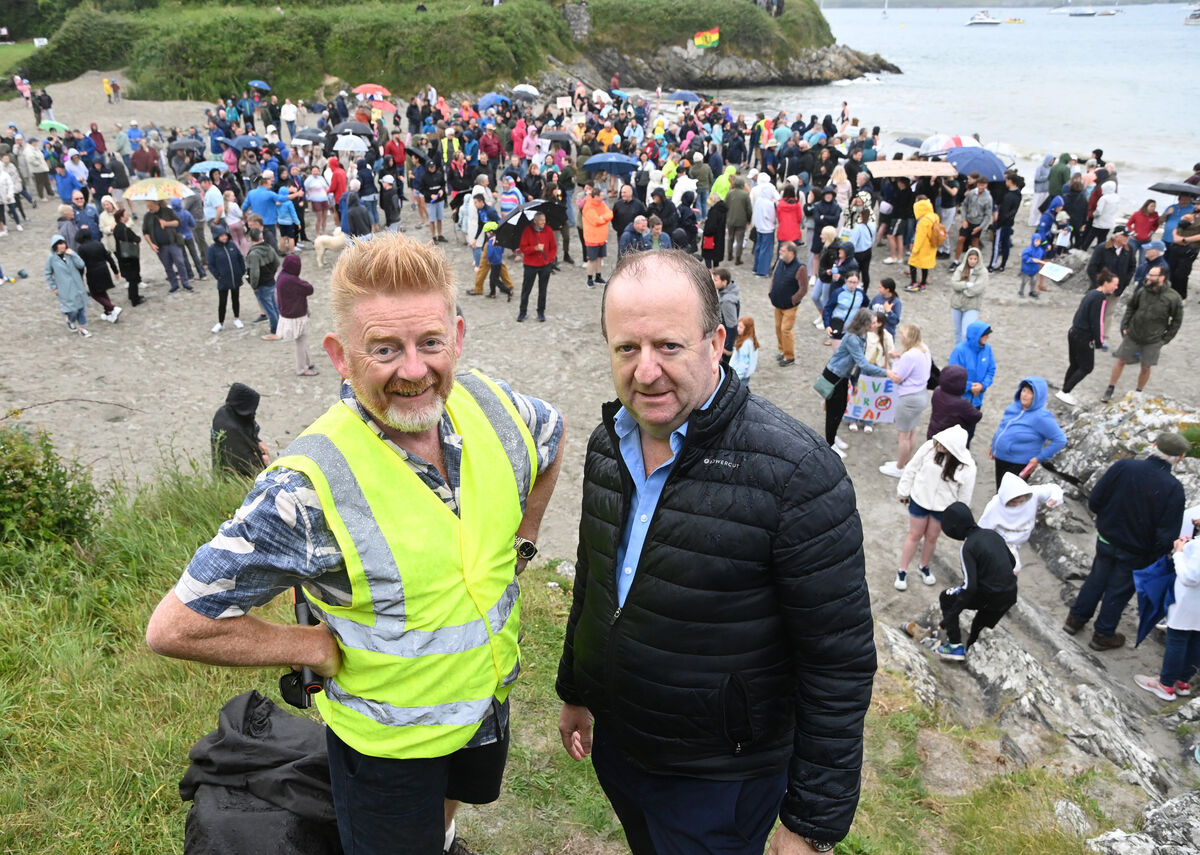 Michael Collins TD and co organiser Marc O'Riain with the large crowd on Dock beach. Michael Collins TD and co organiser Marc O'Riain with the large crowd on Dock beach.