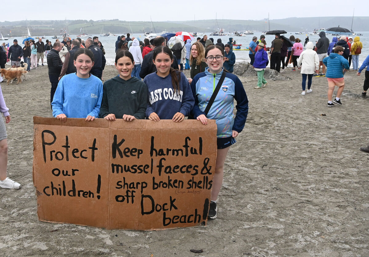 Young friends amongst the large turnout on Dock beach protesting about the proposed mussel farm up for planning inside the harbour in Kinsale. Young friends amongst the large turnout on Dock beach protesting about the proposed mussel farm up for planning inside the harbour in Kinsale.