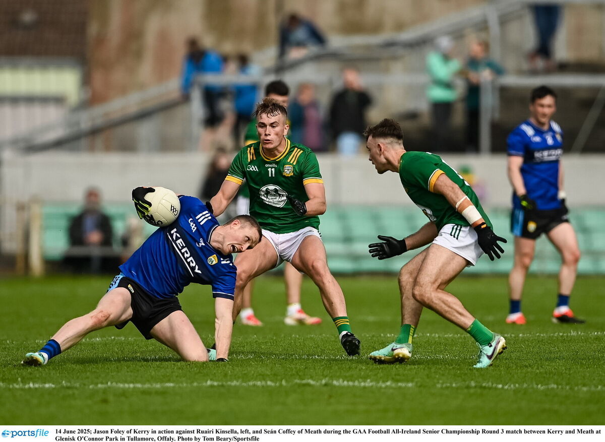 Jason Foley of Kerry in action against Ruairi Kinsella and Seán Coffey of Meath. Picture: Tom Beary/Sportsfile Jason Foley of Kerry in action against Ruairi Kinsella and Seán Coffey of Meath. Picture: Tom Beary/Sportsfile