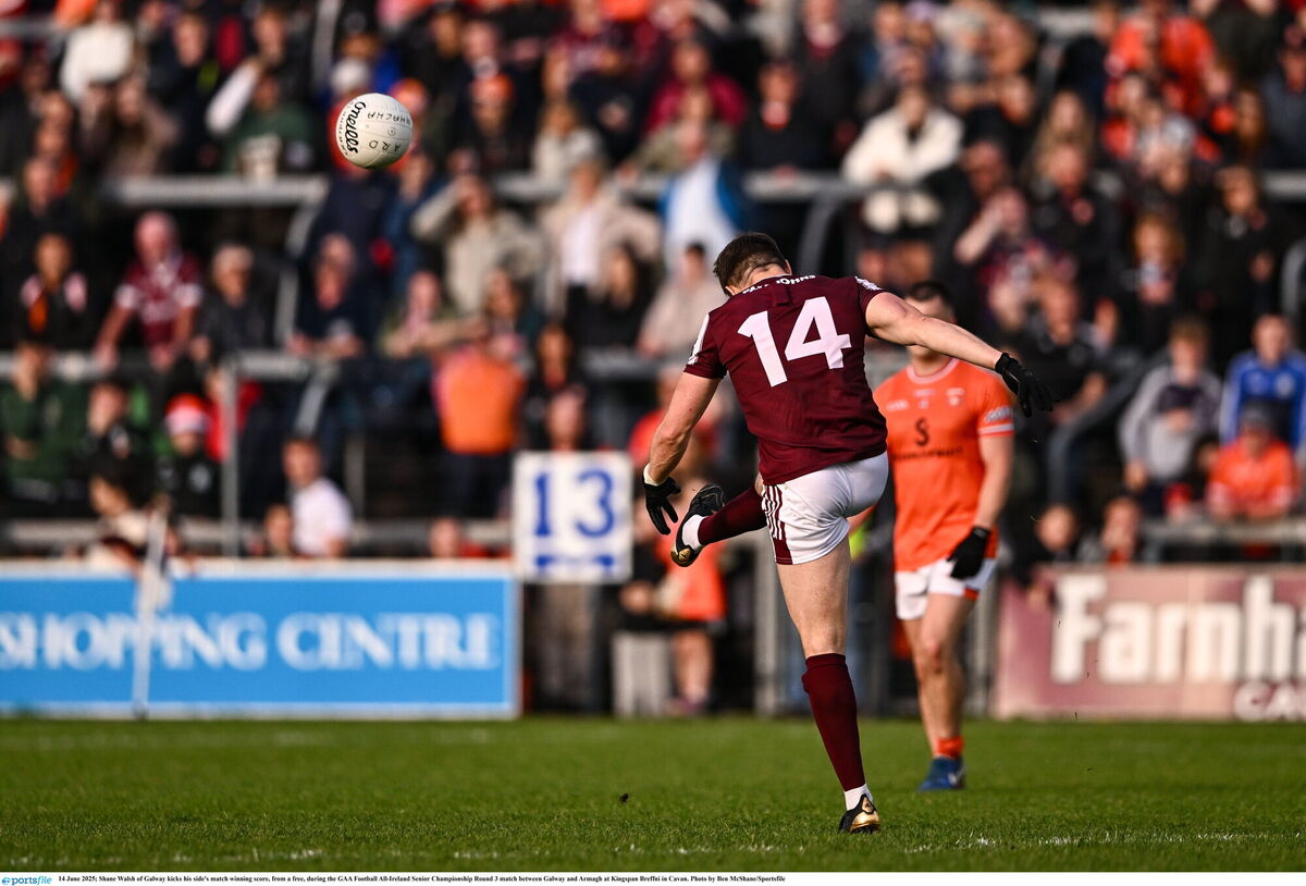 Galway's Shane Walsh kicks the winning free against Armagh. Picture: Ben McShane/Sportsfile Galway's Shane Walsh kicks the winning free against Armagh. Picture: Ben McShane/Sportsfile
