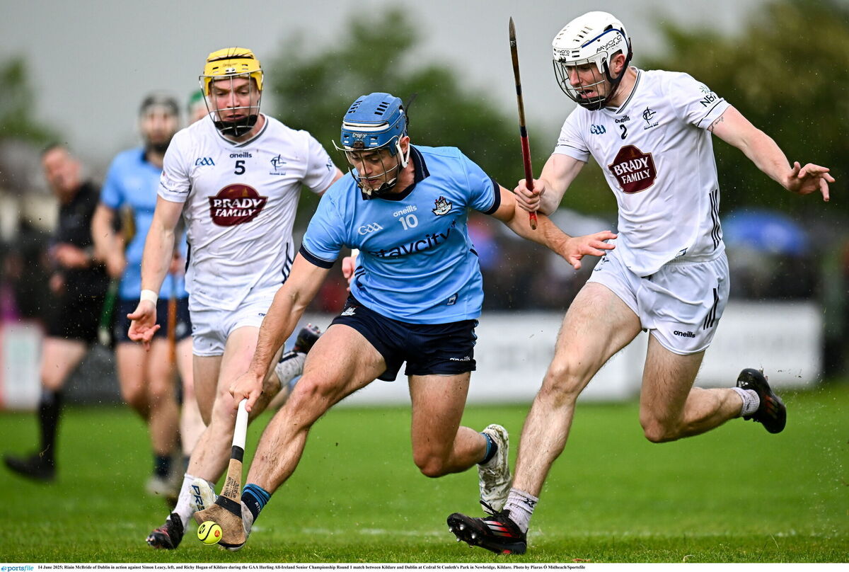 Riain McBride of Dublin in action against Simon Leacy, left, and Richy Hogan of Kildare. Picture: Piaras Ó Mídheach/Sportsfile