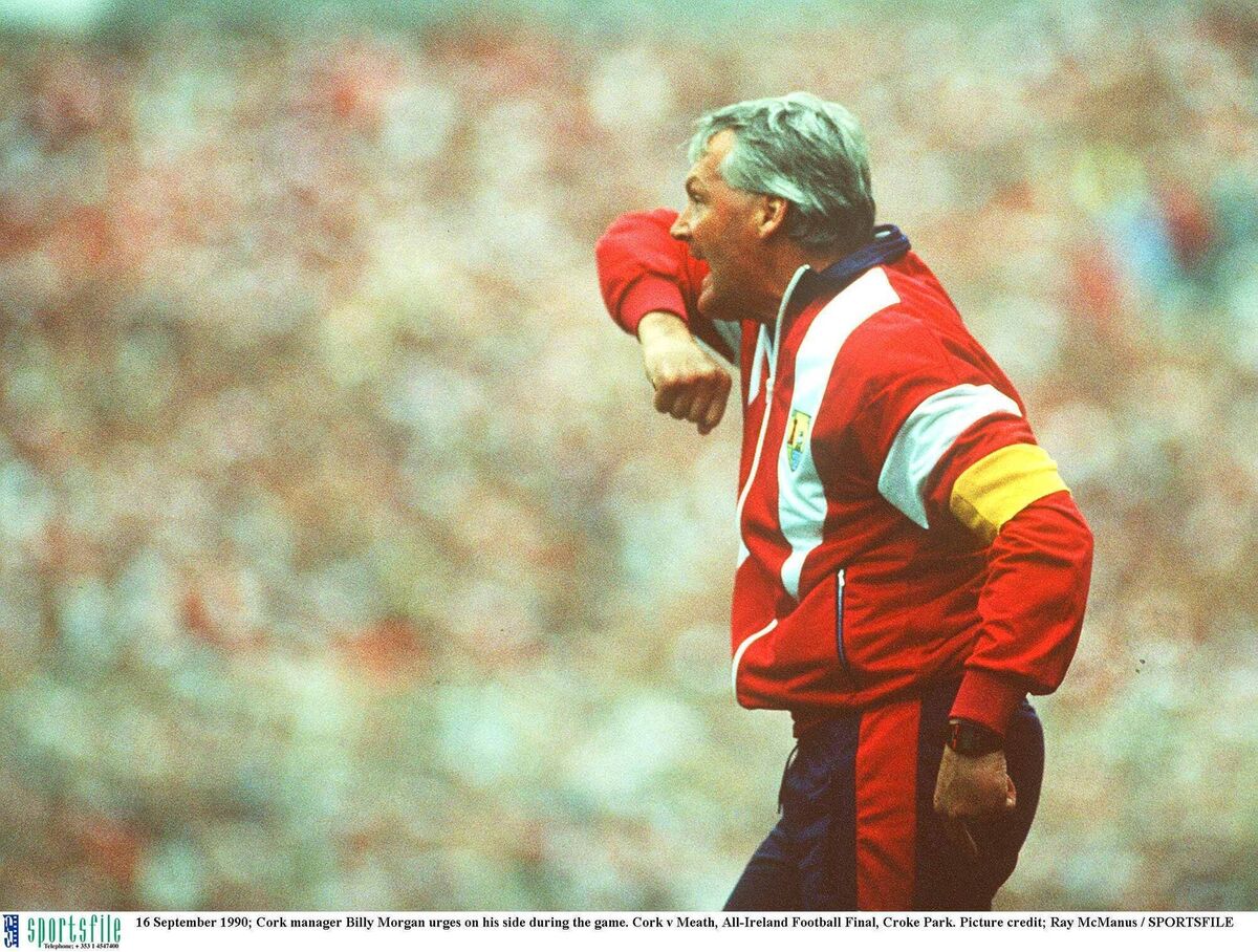 Cork manager Billy Morgan urges on his side against Meath in the 1990 All-Ireland football final. Picture: Ray McManus/Sportsfile Cork manager Billy Morgan urges on his side against Meath in the 1990 All-Ireland football final. Picture: Ray McManus/Sportsfile