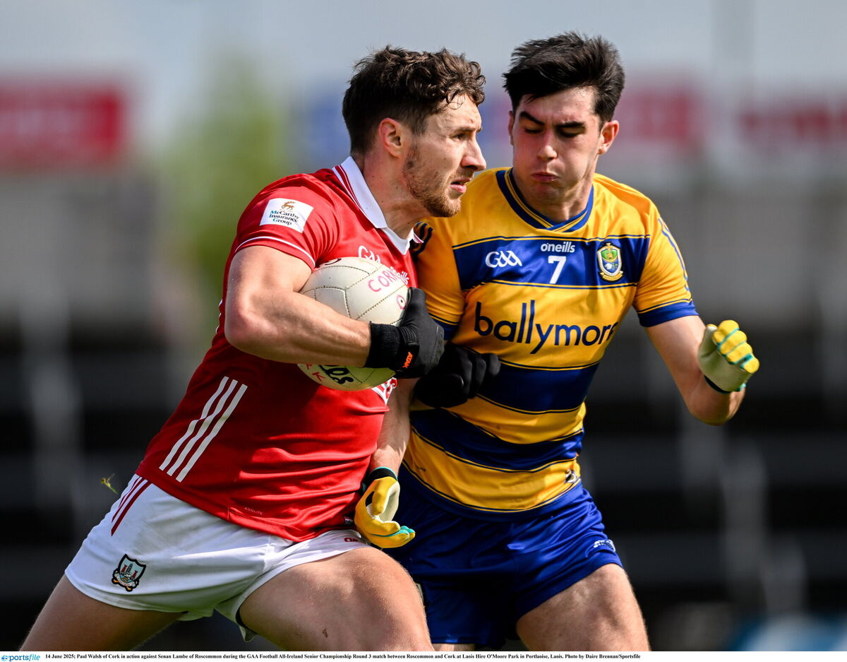 Paul Walsh of Cork in action against Senan Lambe of Roscommon last Saturday. Picture: Daire Brennan/Sportsfile