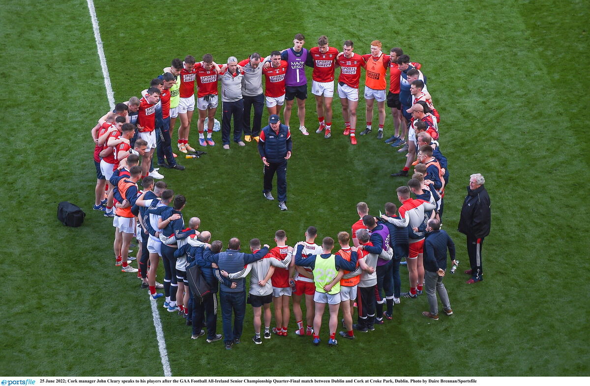 John Cleary speaks to his Cork players after the Dublin loss at Croke Park in 2022. Picture: Daire Brennan/Sportsfile