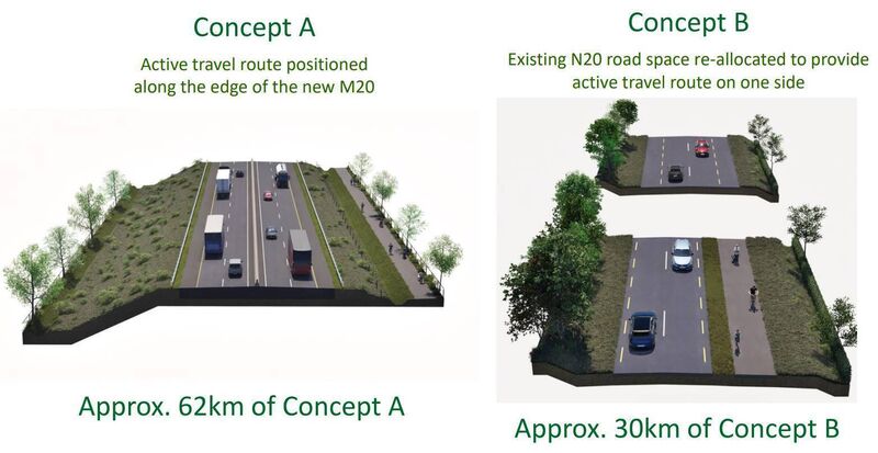 A graphic showing how engineers propose to deliver the estimated 100kms of active travel infrastructure as part of the N/M20 transport project. A shared pathway will run alongside the motorway for some 62kms, as shown in concept A, with the rest of the shared pathway, about 30kms or so, being delivered, as shown in the concept B image, on the old N20 where road space will be reallocated to accommodate it. A graphic showing how engineers propose to deliver the estimated 100kms of active travel infrastructure as part of the N/M20 transport project. A shared pathway will run alongside the motorway for some 62kms, as shown in concept A, with the rest of the shared pathway, about 30kms or so, being delivered, as shown in the concept B image, on the old N20 where road space will be reallocated to accommodate it.