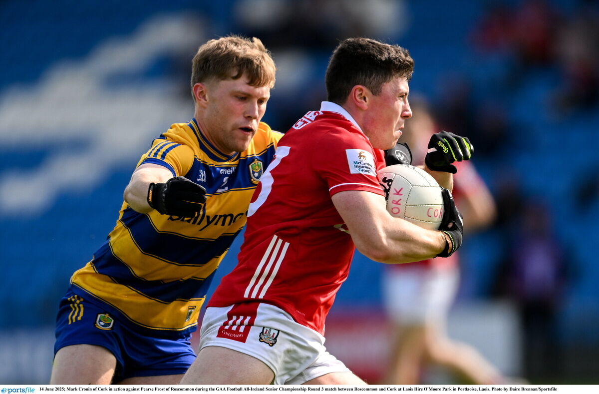 Mark Cronin of Cork goes past Pearse Frost of Roscommon. Picture: Daire Brennan/Sportsfile Mark Cronin of Cork goes past Pearse Frost of Roscommon. Picture: Daire Brennan/Sportsfile