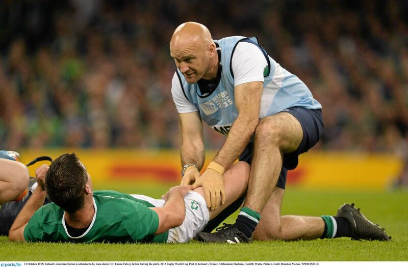 Dr Éanna Falvey attending to Jonathan Sexton during Ireland's game against France at the 2015 Rugby World Cup. Picture: Brendan Moran/Sportsfile