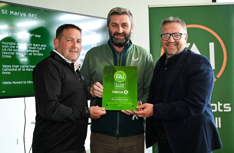 FAI vice-president John Finnegan presenting Richard Daly and Ken Daly, St Mary’s, with the Club Mark award at SuperValu Páirc Uí Chaoimh. Picture: Shauna Clinton/Sportsfile