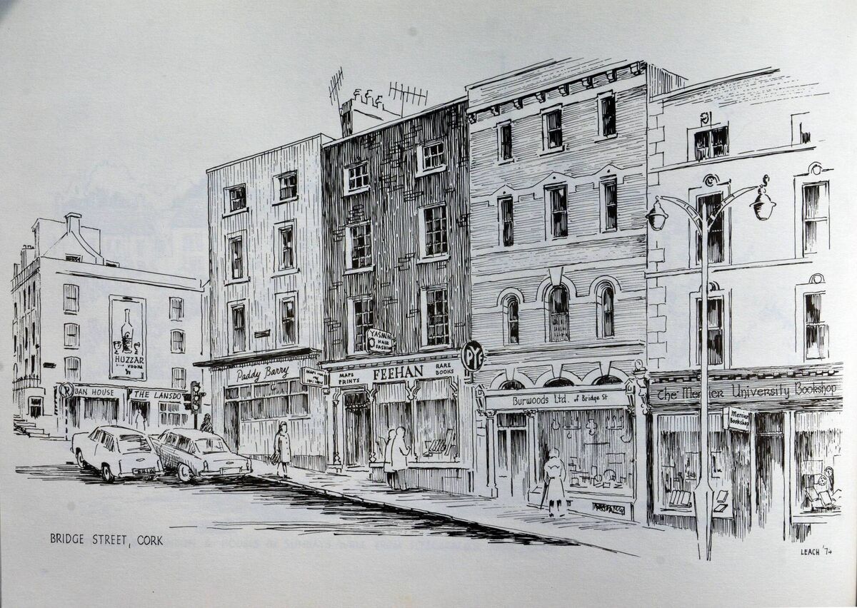 A sketch of Bridge Street by Cork artist Gladys Leach. Sean Feehan wrote how the basements of many of the buildings there stretch out under the street. A sketch of Bridge Street by Cork artist Gladys Leach. Sean Feehan wrote how the basements of many of the buildings there stretch out under the street.
