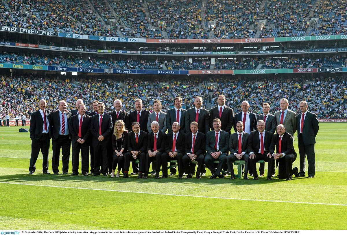 The Cork 1989 jubilee winning team after being presented to the crowd before the 2014 All-Ireland SFC final. Standing (left-right): Michael Slocum, Teddy McCarthy, Colman Corrigan (partially hidden), John Cleary, John O'Driscoll (partially hidden),Tony Nation, Larry Tompkins, Barry Coffey, Paul McGrath, Shea Fahy, Danny Culloty, Paddy Hayes, Niall Cahalane, Stephen McCarthy (representing his father Michael), Vincent O'Neill (representing his brother Colm), Denis Walsh. Seated (left-right): Claire O'Mahony (representing her father Eoin), Tony Davis, Conor Counihan, Dave Barry, Dinny Allen, Jimmy Kerrigan, John Kerins Jnr (representing his father John Snr), Michael Maguire, Steven O'Brien. Picture: Piaras Ó Midheach/Sportsfile)