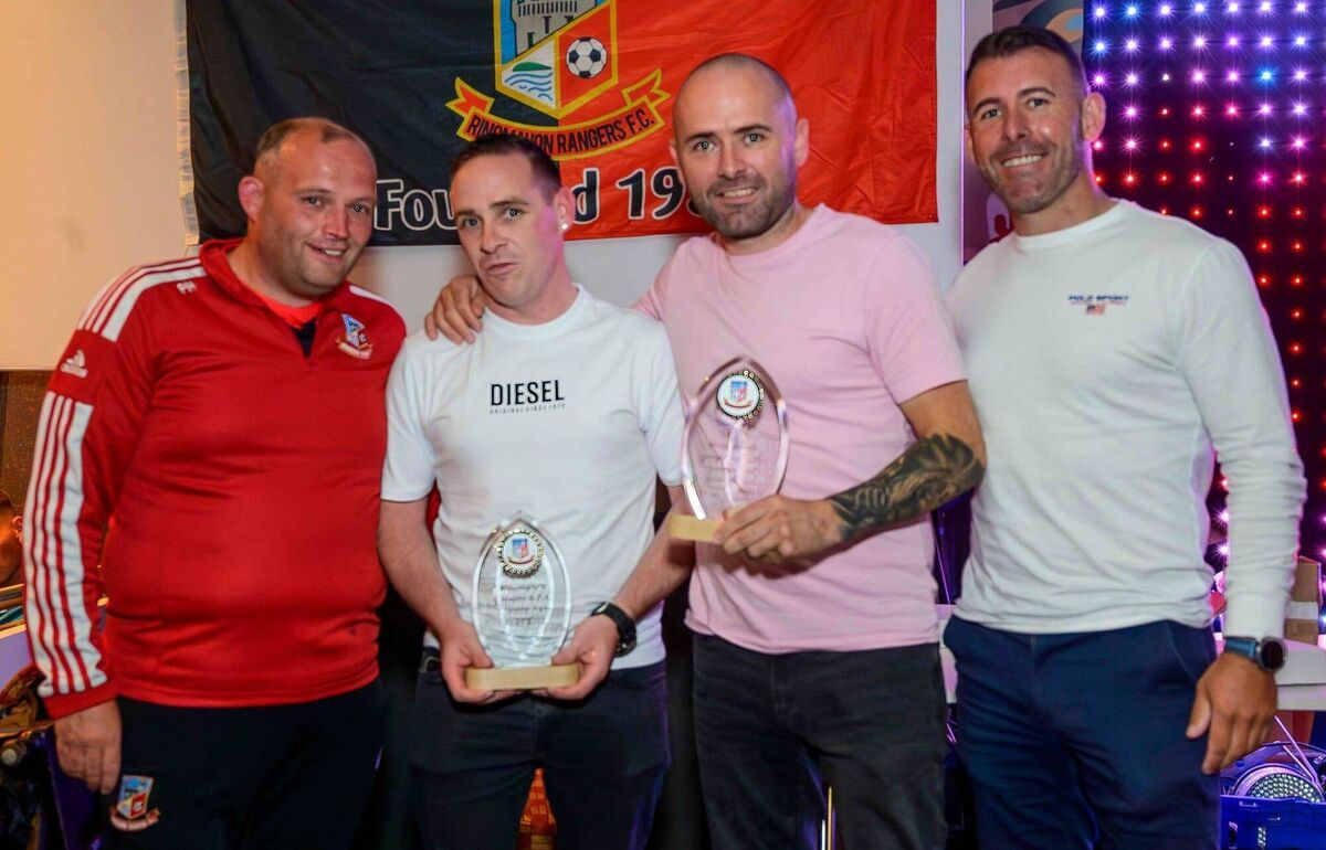 Ringmahon Rangers chairman Paul Higgins and Junior A manager Johnny Delaney (far right) with Junior A Joint Player of the Year recipients James Delaney and Chris O’Connell. 