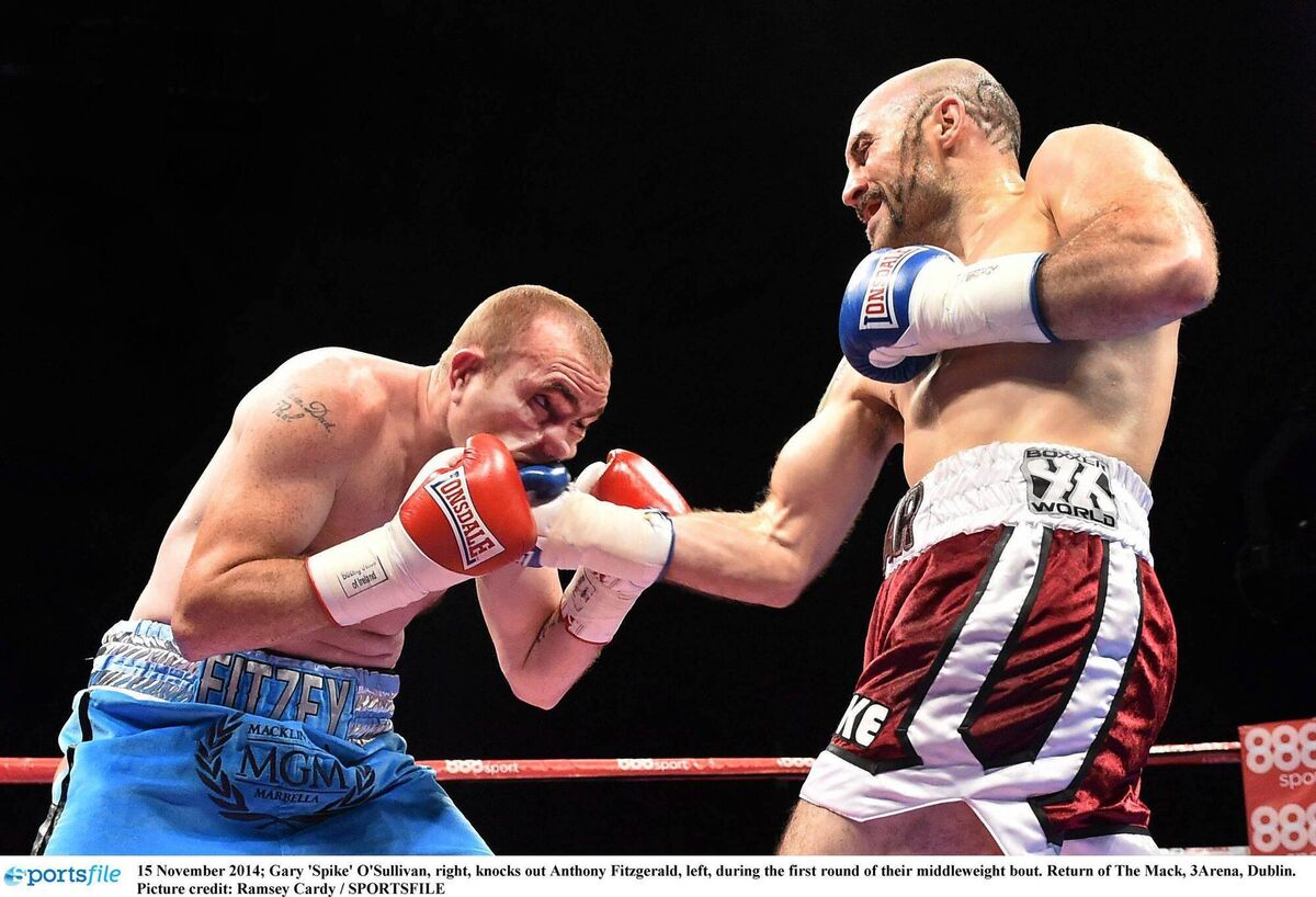 Gary 'Spike' O'Sullivan, right, knocks out Anthony Fitzgerald in 2014. Picture: Ramsey Cardy/SPORTSFILE