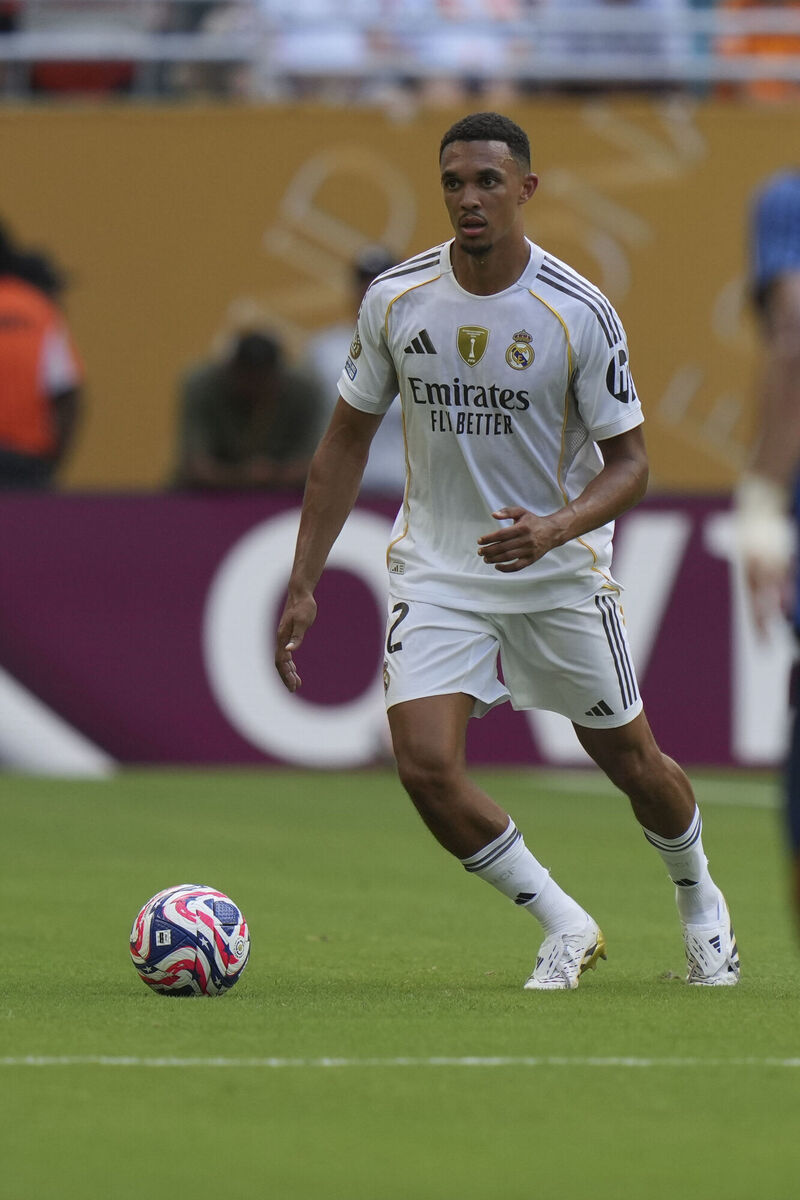 Real Madrid's Trent Alexander-Arnold controls the ball during the Club World Cup group H soccer match between Real Madrid and Al Hilal in Miami, Fla, Picture: AP Photo/Lynne Sladky Real Madrid's Trent Alexander-Arnold controls the ball during the Club World Cup group H soccer match between Real Madrid and Al Hilal in Miami, Fla, Picture: AP Photo/Lynne Sladky