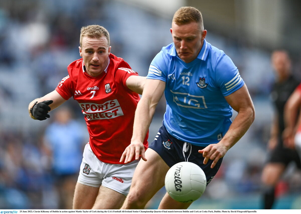 Ciarán Kilkenny of Dublin under pressure against Matty Taylor of Cork in 2022. Picture: David Fitzgerald/Sportsfile