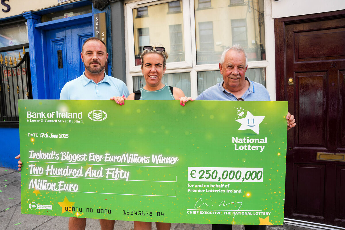 Having fun with the Lotto presentation cheque were locals Robbie Nagle, Sandra Dowdall and John Dowdall. Picture: Noel Sweeney