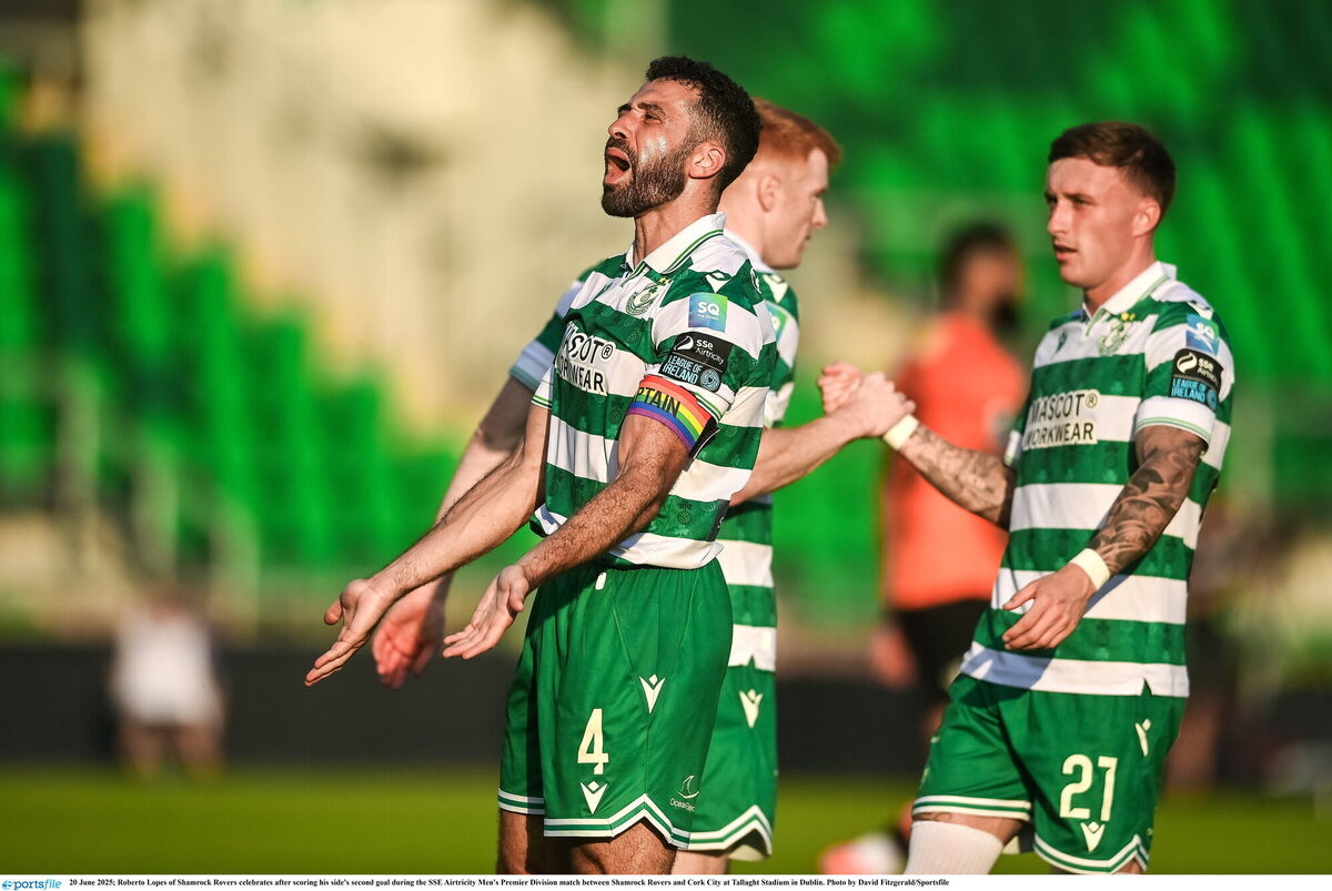 Roberto Lopes of Shamrock Rovers celebrates after scoring his side's second goal against Shamrock Rovers. Picture: David Fitzgerald/Sportsfile