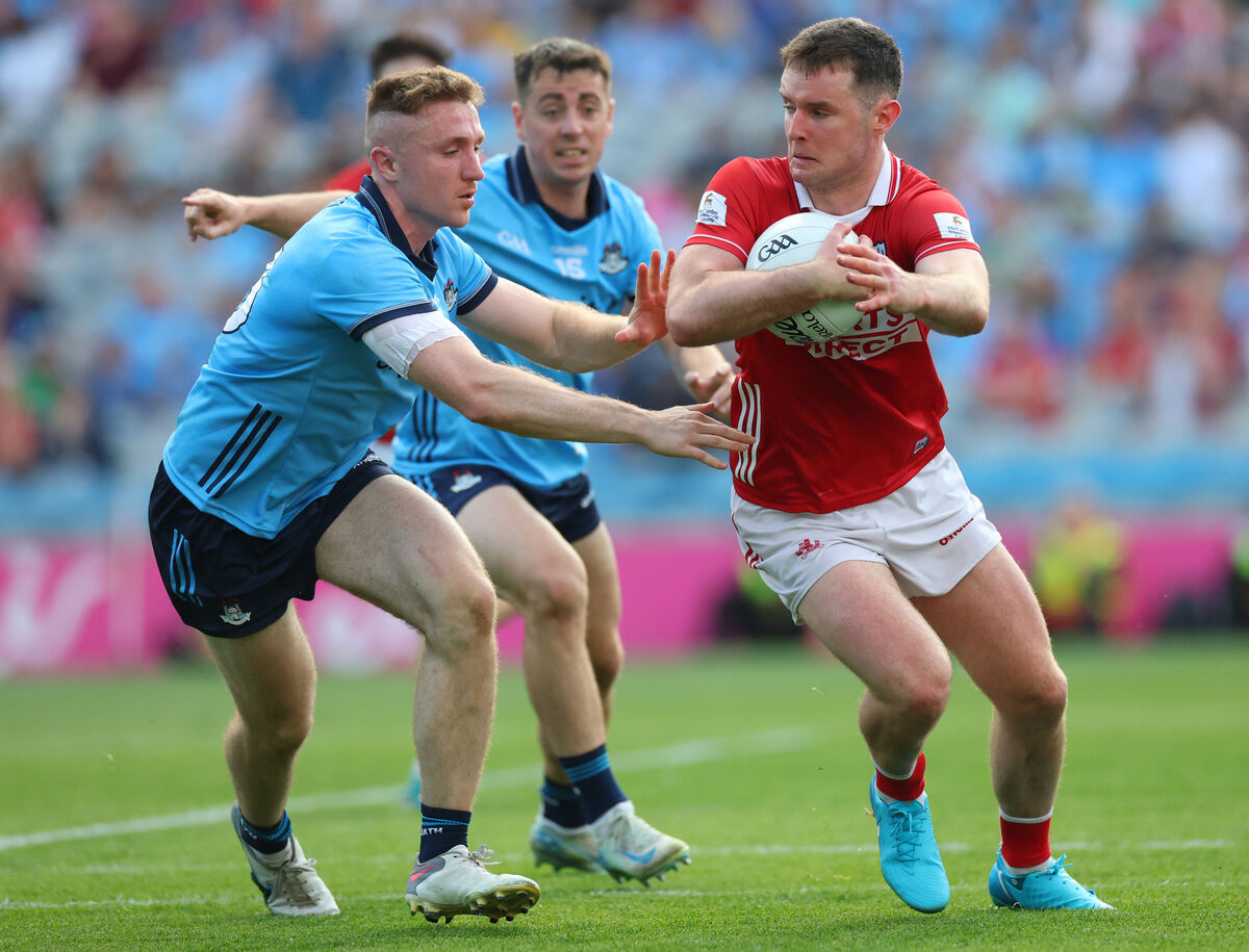 Dublin’s Paddy Small and Maurice Shanley of Cork battle for the ball. Picture: INPHO/James Crombie