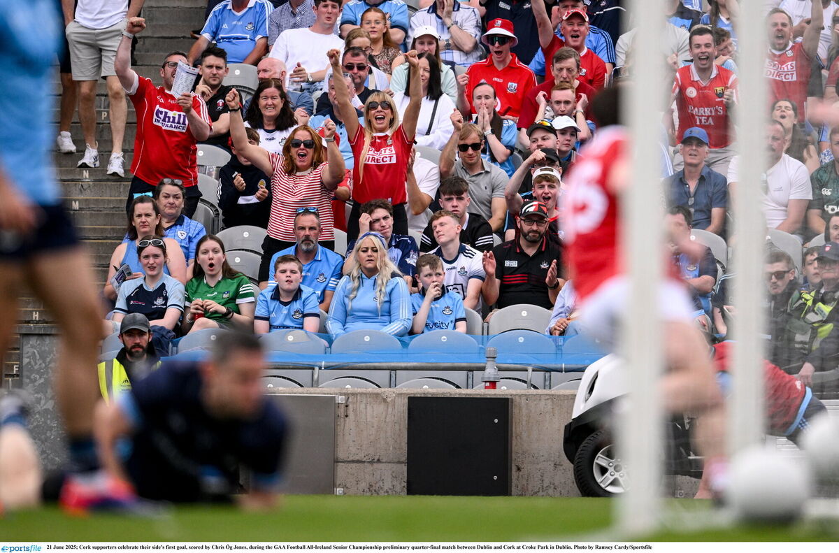 Cork supporters celebrate their side's goal, scored by Chris Óg Jones, against Dublin. Picture: Ramsey Cardy/Sportsfile