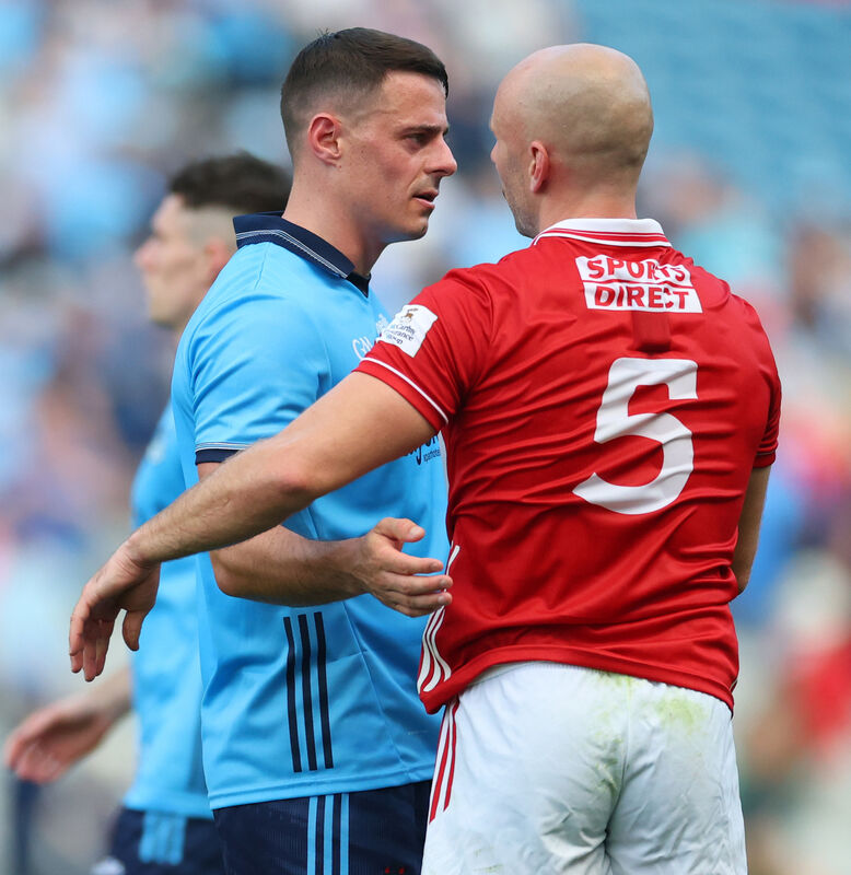 Cork’s Brian O'Driscoll consoled by Brian Howard of Dublin after the game. Picture: INPHO/James Crombie Cork’s Brian O'Driscoll consoled by Brian Howard of Dublin after the game. Picture: INPHO/James Crombie