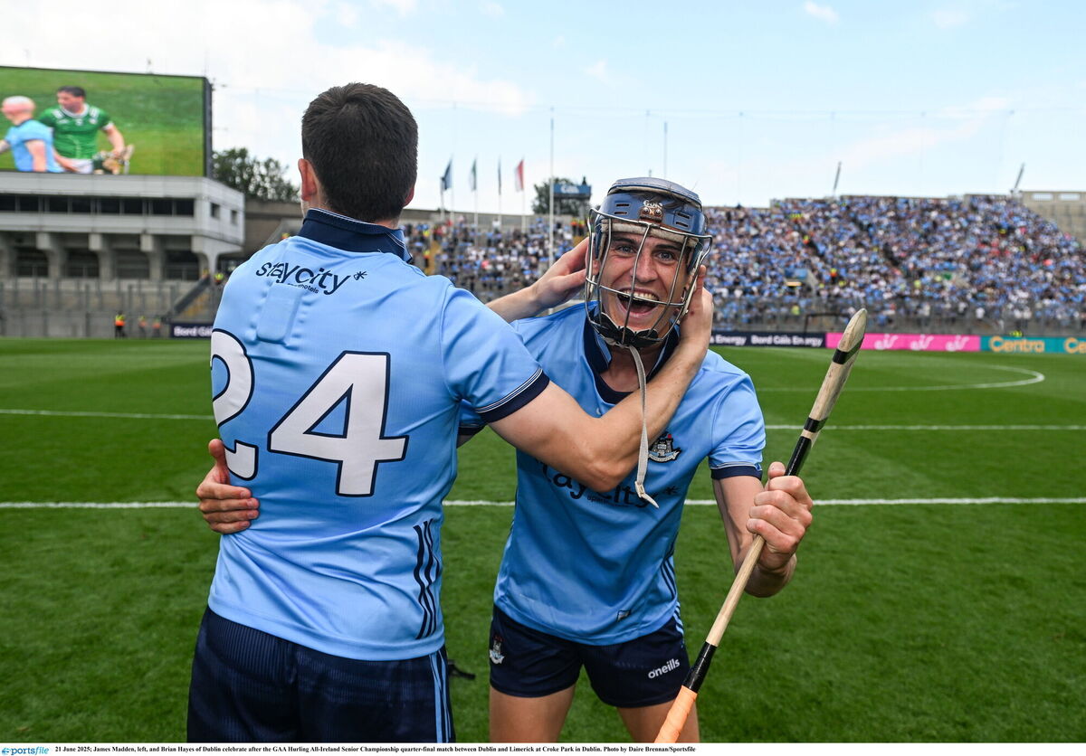 James Madden, left, and Brian Hayes of Dublin celebrate after the GAA Hurling All-Ireland Senior Championship quarter-final match between Dublin and Limerick at Croke Park in Dublin. Picture: Daire Brennan/Sportsfile