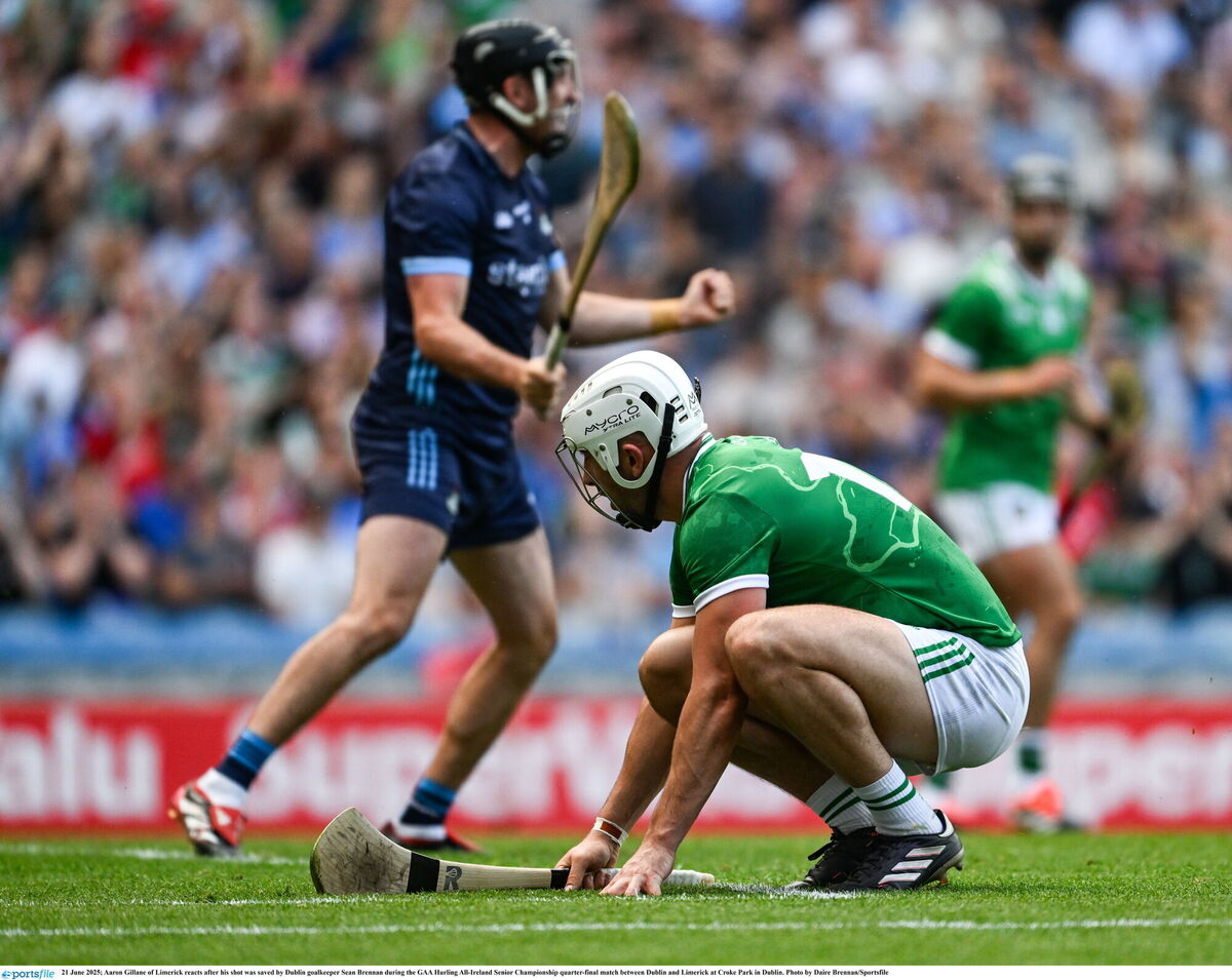 Aaron Gillane of Limerick reacts after his shot was saved by Dublin goalkeeper Sean Brennan. Picture: Daire Brennan/Sportsfile