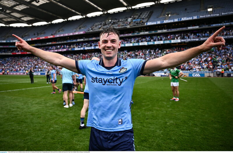 Sean Currie of Dublin celebrates knocking out Limerick at Croke Park on Saturday. Picture: Ramsey Cardy/Sportsfile Sean Currie of Dublin celebrates knocking out Limerick at Croke Park on Saturday. Picture: Ramsey Cardy/Sportsfile
