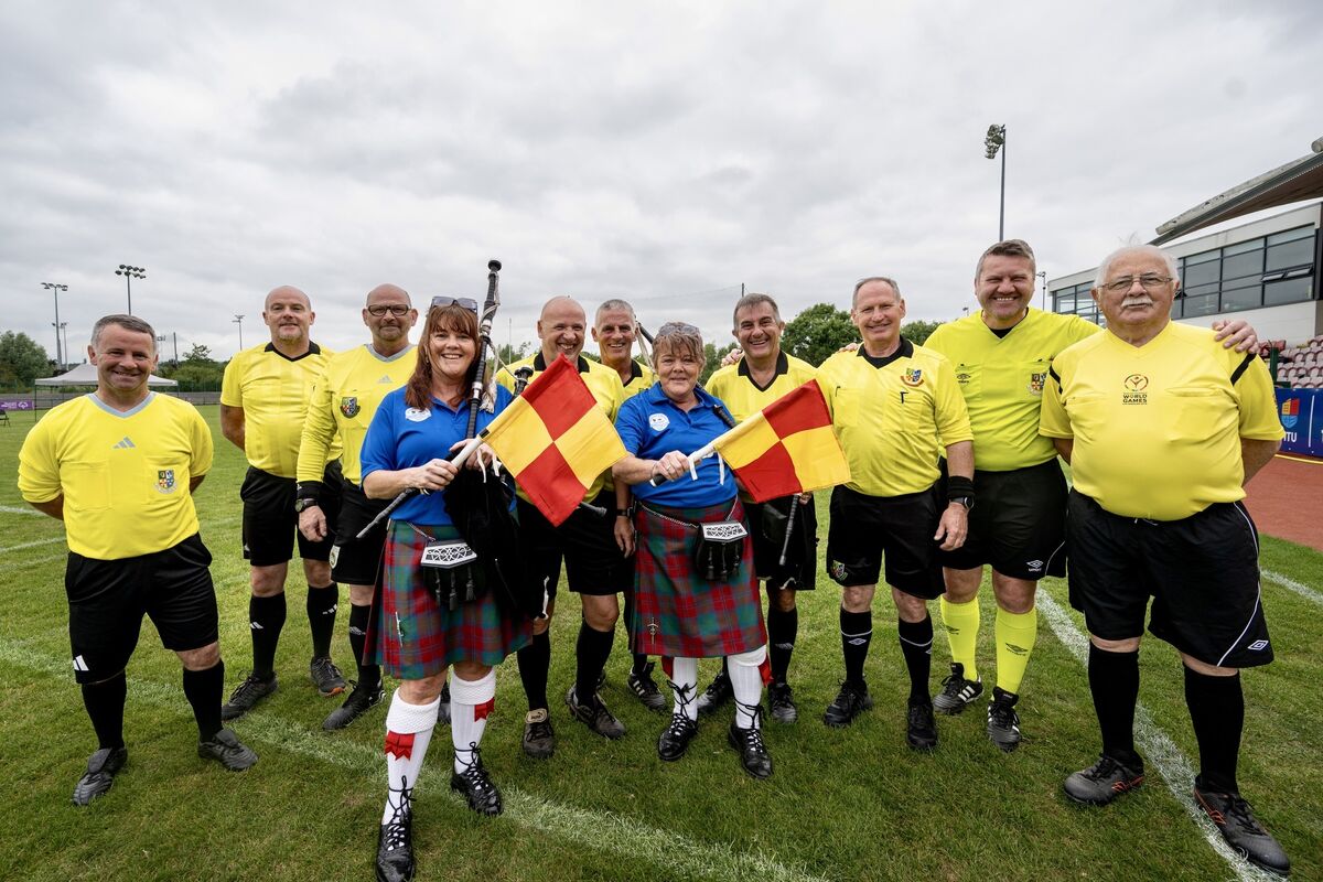 Referees join Ballyphehane pipers Gráinne Walsh and Fionnuala O’Leary for a picture at the Special Olympics soccer tournament in MTU. Referees join Ballyphehane pipers Gráinne Walsh and Fionnuala O’Leary for a picture at the Special Olympics soccer tournament in MTU.