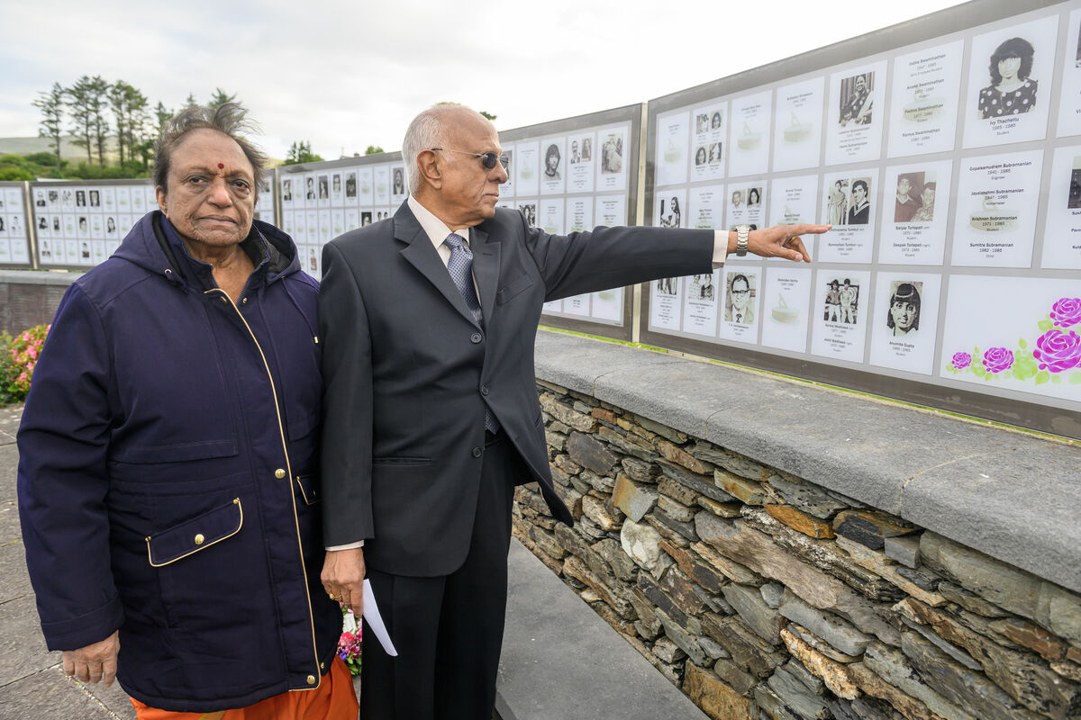  Babu and Padmini Turlapati who lost their sons Sanjay and Deepak at the Air India 182 memorial service at the Memorial Garden in Ahakista, Sheep's Head peninsula, West Cork, marking the 40th anniversary of the tragedy.  