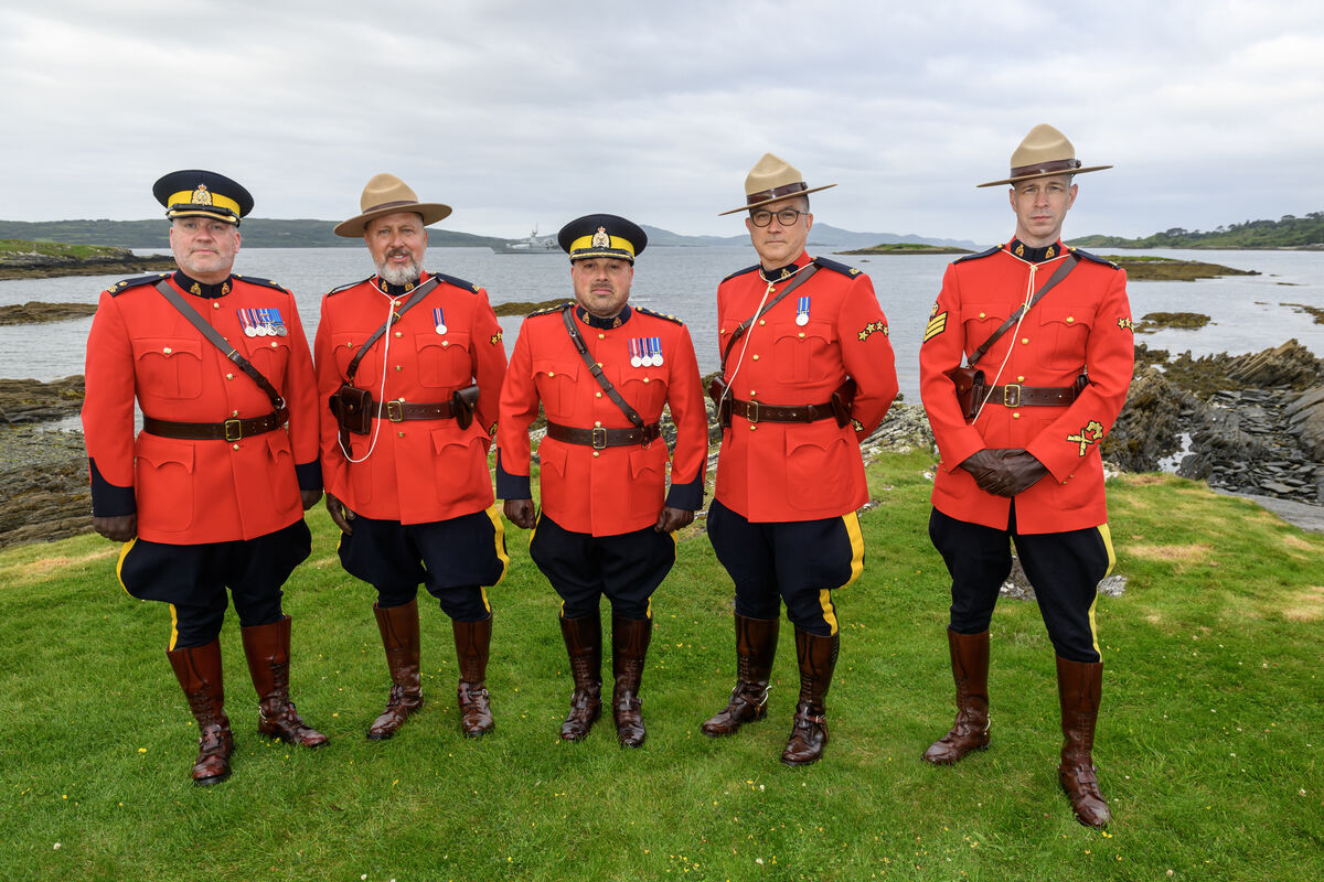  Members of the Royal Canadian Mounted Police — Inspector Mike Bolzham, Constable Sean Ferguson, Assistant Commissioner David Teboul, Staff Sgt. Phil Nikiforuti, and Sgt. Steve Rhude — attend the Air India 182 memorial service at the Memorial Garden in Ahakista, Sheep's Head peninsula, West Cork.