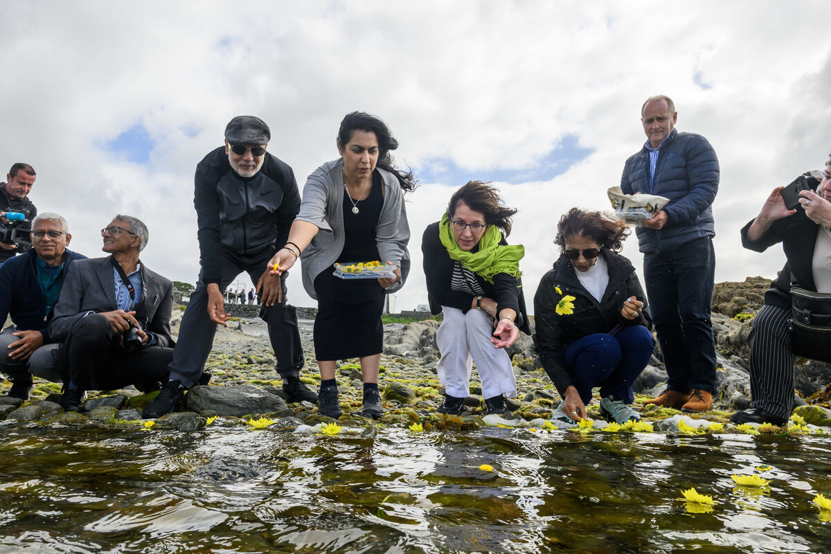  Family members of the late Indira Kalsi laying flowers in the sea at the Air India 182 memorial service in the Memorial Garden in Ahakista on the Sheep's Head peninsula, West Cork. Included were, Lily Thurral, Rajiv Kalsi, Amarjit Dhanjal, Anita Kalsi, Balbir Kaur, with locals Mary Jo Crowley and Kevin Healy. Picture Dan Linehan