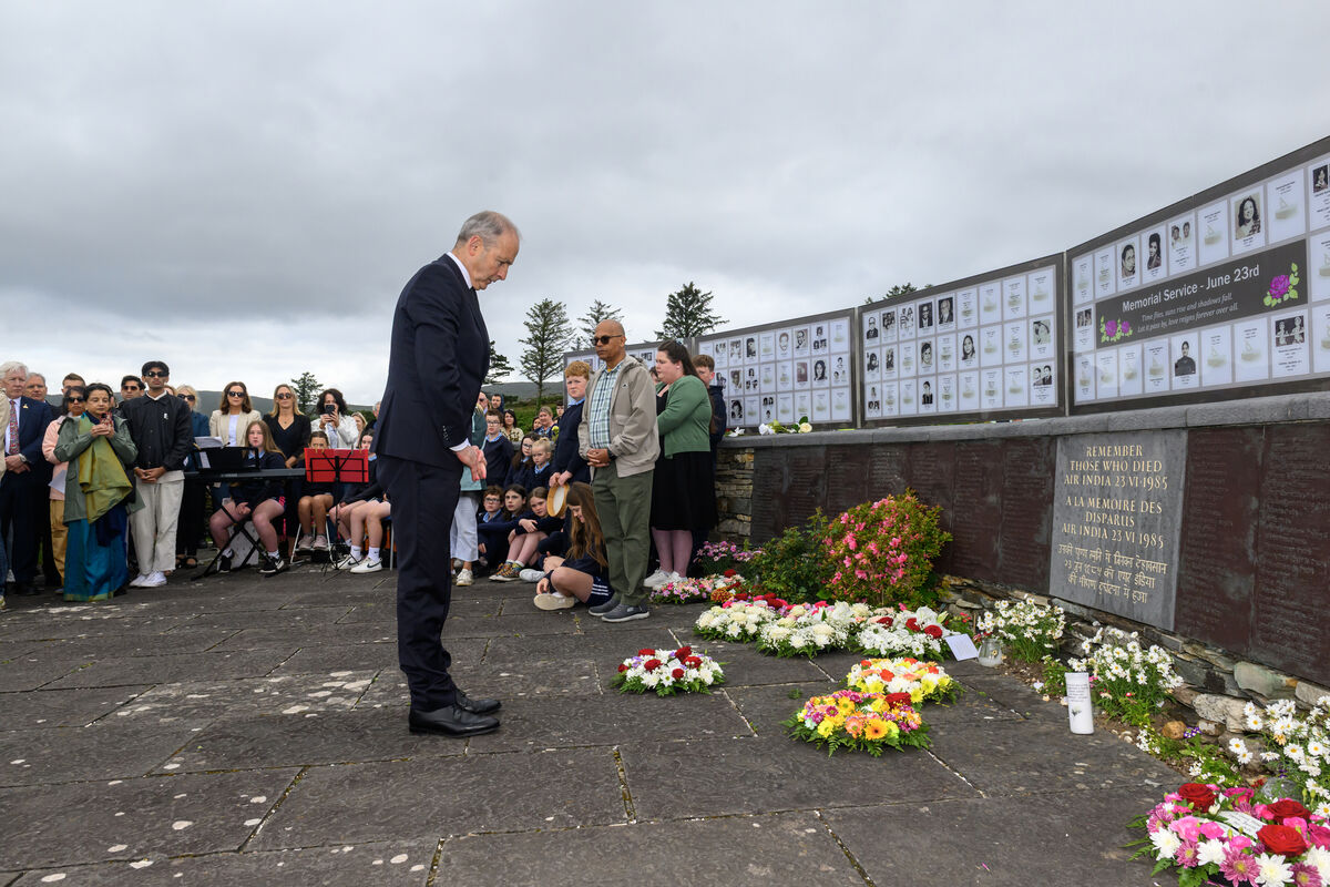 An Taoiseach Micheál Martin laying a wreath at the Air India 182 memorial service in the Memorial Garden in Ahakista on the Sheep's Head peninsula, West Cork.