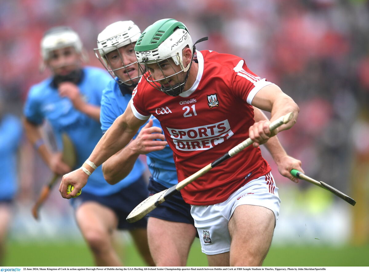 Shane Kingston of Cork in action against Darragh Power of Dublin in the 2024 All-Ireland SHC quarter-final at FBD Semple Stadium in Thurles. Picture: John Sheridan/Sportsfile Shane Kingston of Cork in action against Darragh Power of Dublin in the 2024 All-Ireland SHC quarter-final at FBD Semple Stadium in Thurles. Picture: John Sheridan/Sportsfile