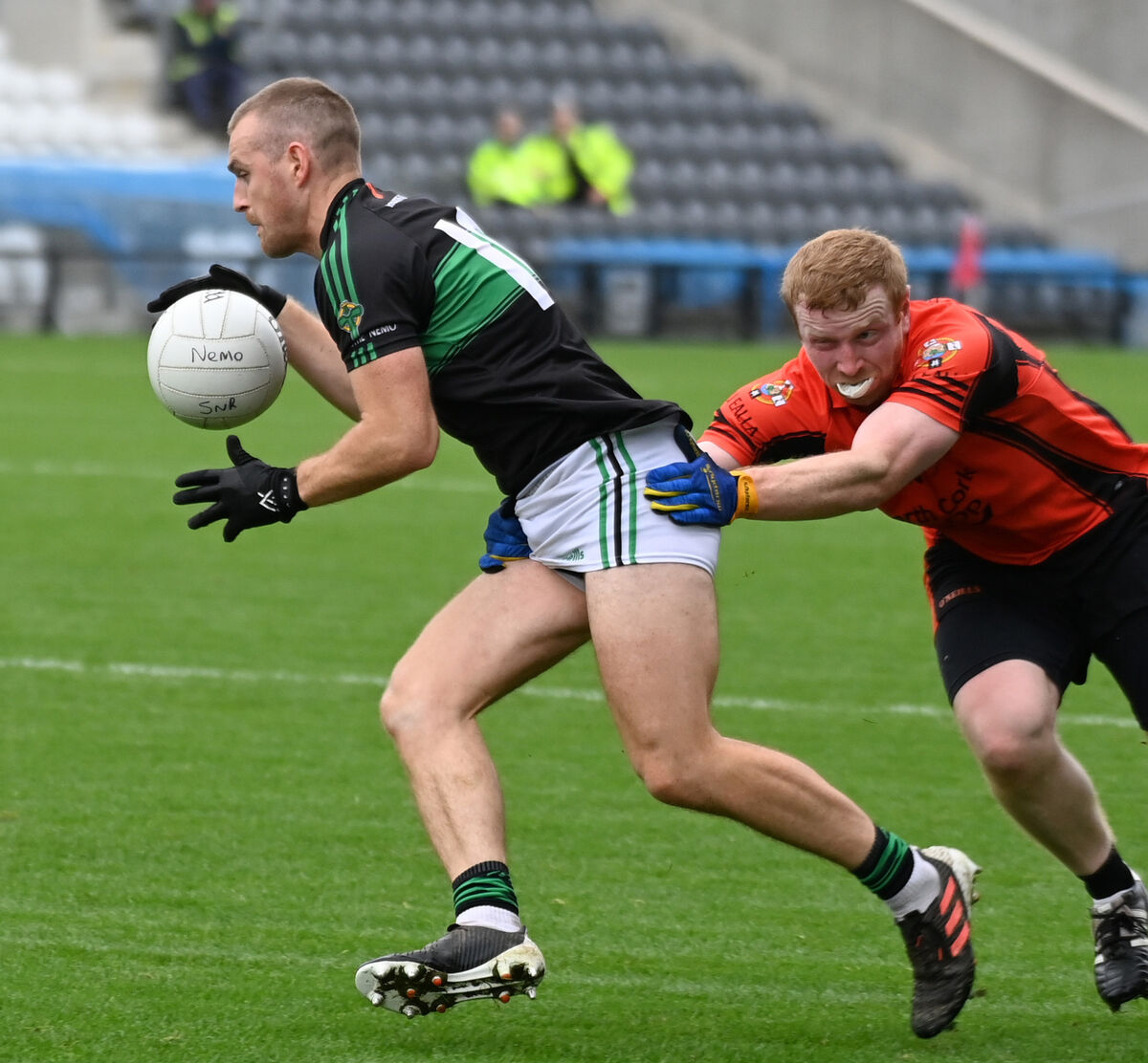 Nemo Ranger's Conor Horgan is tackled by Duhallow's Andrew O'Connor during the Bon Secours Cork Premier SFC semi final at Pairc Ui Chaoimh in 2023. Picture: Eddie O'Hare