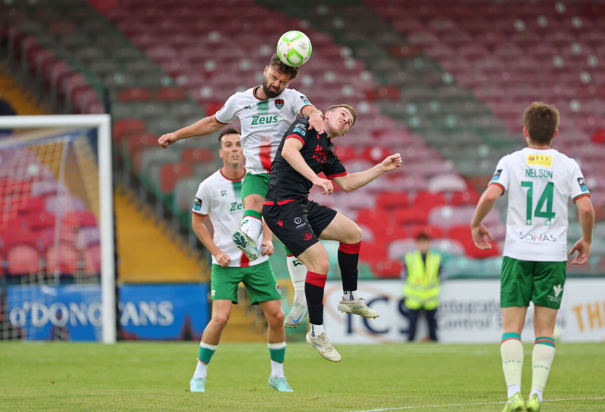 Greg Bolger, Cork City FC, and Warren Davis, Drogheda United, battling in the air at Turner's Cross. Picture: Jim Coughlan. Greg Bolger, Cork City FC, and Warren Davis, Drogheda United, battling in the air at Turner's Cross. Picture: Jim Coughlan.