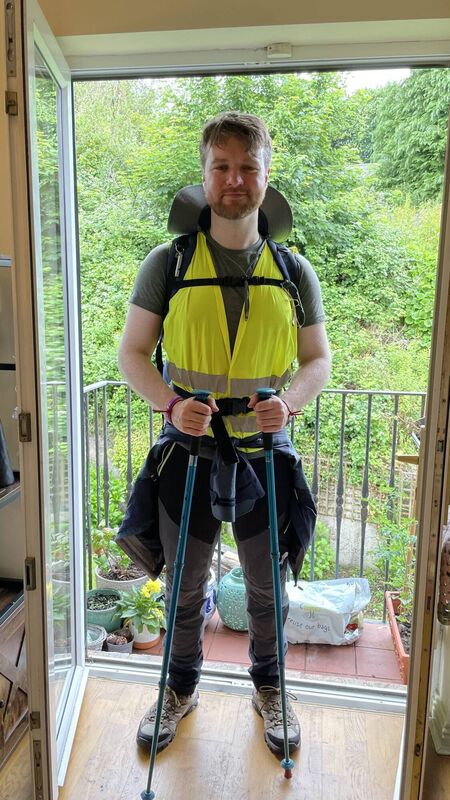Finbarr Buttimer, at the outset of his walk from Cork to Dingle, raising funds for Féileacháin and First Light