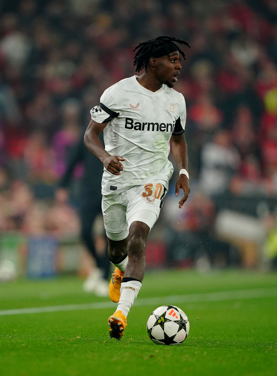 Bayer Leverkusen's Jeremie Frimpong during the UEFA Champions League, league stage match at Anfield, Liverpool last year.