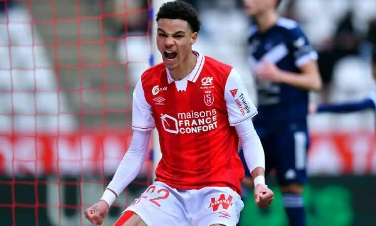 Hugo Ekitike celebrates after scoring for Reims against Bordeaux in 2023. Picture: Getty Images