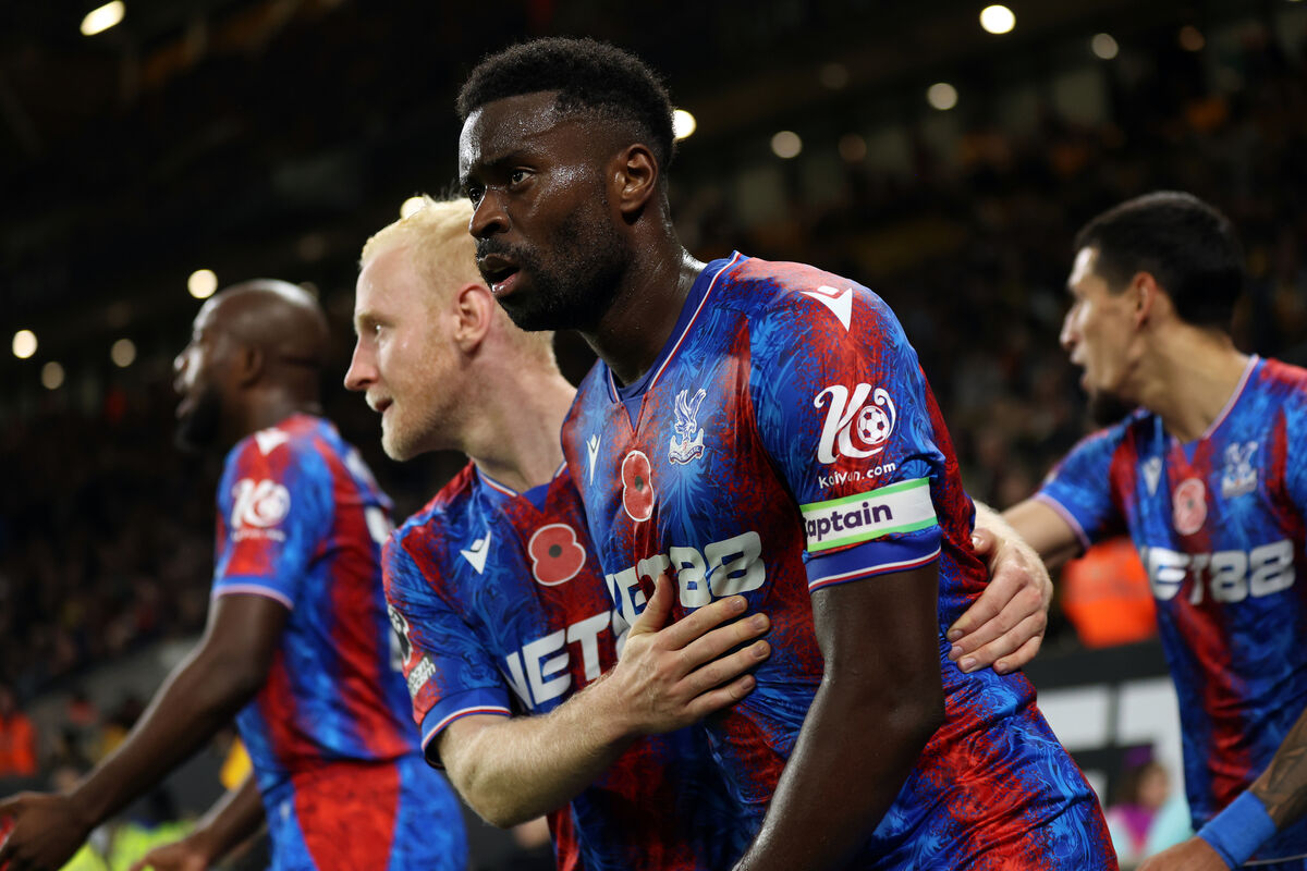 Crystal Palace's Marc Guehi celebrates scoring the side's second goal of the game in the  Premier League match against Wolves at Molineux, Wolverhampton.