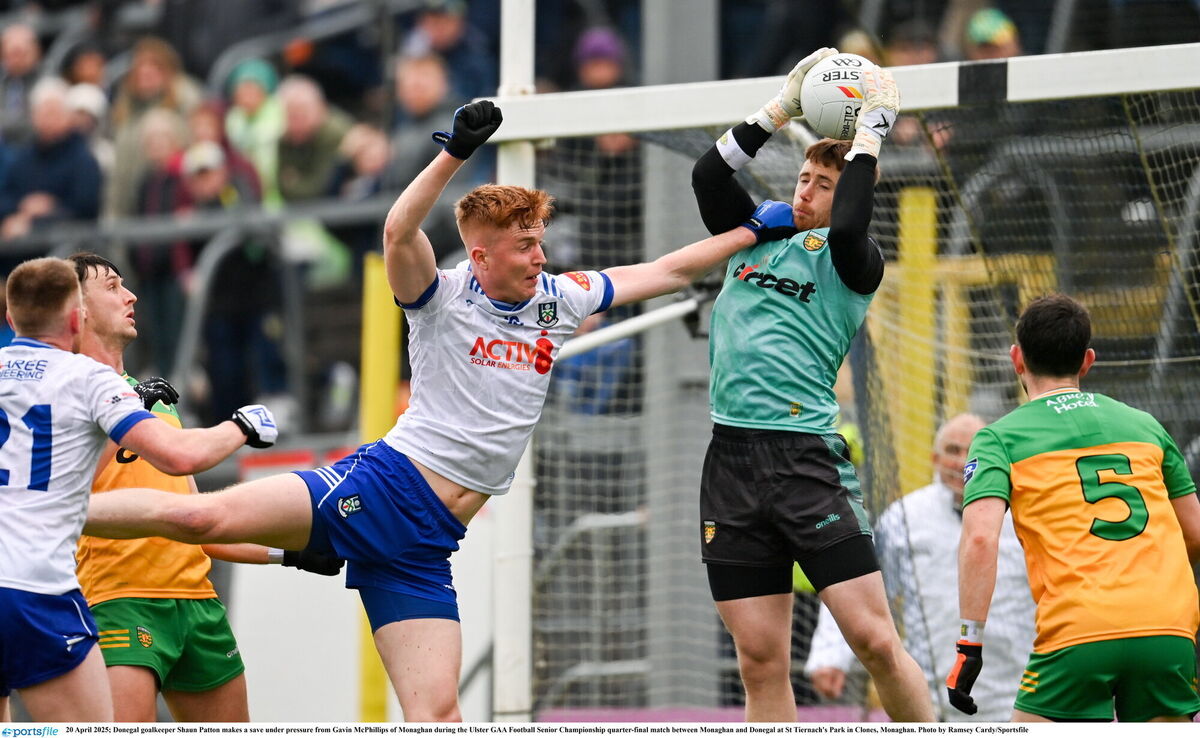 Donegal goalkeeper Shaun Patton makes a save under pressure from Gavin McPhillips of Monaghan in April's Ulster SFC quarter-final. Picture: Ramsey Cardy/Sportsfile Donegal goalkeeper Shaun Patton makes a save under pressure from Gavin McPhillips of Monaghan in April's Ulster SFC quarter-final. Picture: Ramsey Cardy/Sportsfile