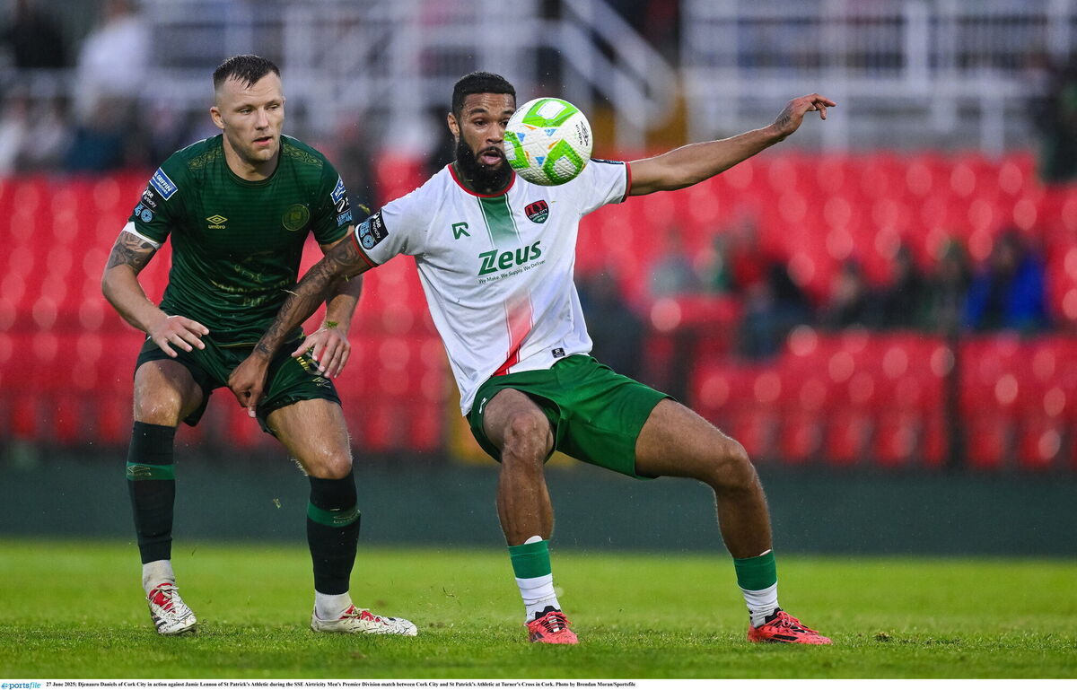 Djenauro Daniels of Cork City in action against Jamie Lennon of St Patrick's Athletic during the SSE Airtricity Men's Premier Division match between Cork City and St Patrick's Athletic at Turner's Cross in Cork. Photo by Brendan Moran/Sportsfile