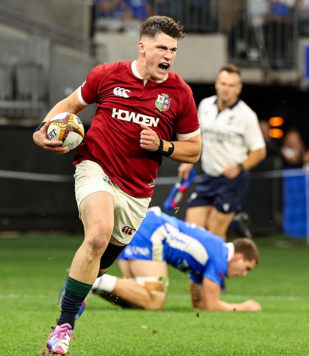 Dan Sheehan of British &amp; Irish Lions celebrates as he runs through to score his side's first try during the tour match between Western Force and the British &amp; Irish Lions at Optus Stadium in Perth, Australia. Photo by Steve Christo/Sportsfile