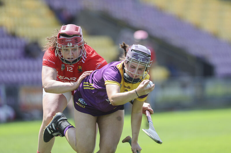 Cork's Sorcha McCartan tackles Wexford's Karen Tomkins. Photograph: Patrick Browne
