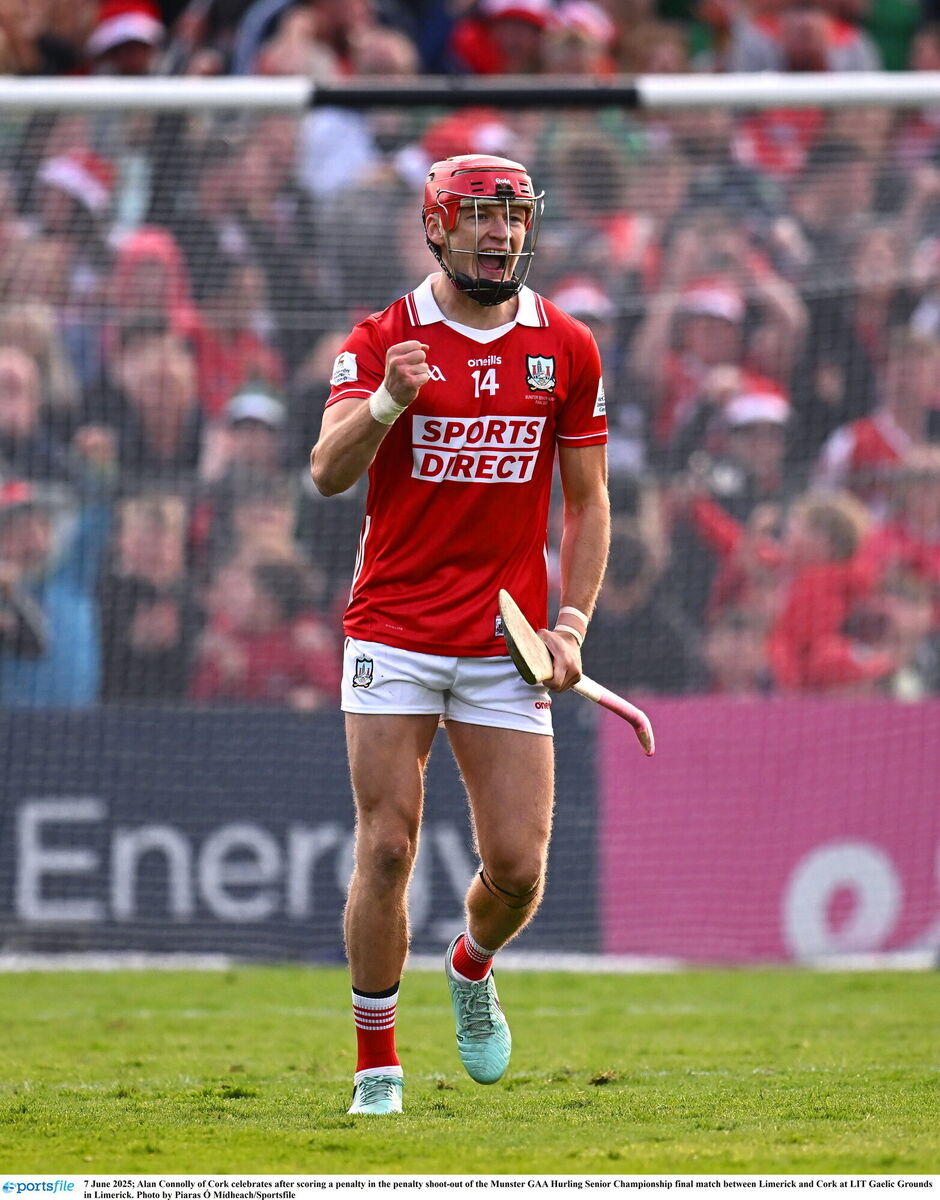 Alan Connolly of Cork celebrates after scoring a penalty in the penalty shoot-out of the Munster GAA Hurling Senior Championship final match between Limerick and Cork at LIT Gaelic Grounds in Limerick. Photo by Piaras Ó Mídheach/Sportsfile Alan Connolly of Cork celebrates after scoring a penalty in the penalty shoot-out of the Munster GAA Hurling Senior Championship final match between Limerick and Cork at LIT Gaelic Grounds in Limerick. Photo by Piaras Ó Mídheach/Sportsfile