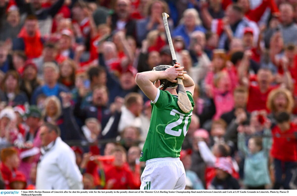 Declan Hannon of Limerick after he shot his penalty wide for the last penalty in the penalty shoot-out of the Munster GAA Hurling Senior Championship final match between Limerick and Cork at LIT Gaelic Grounds in Limerick. Photo by Piaras Ó Mídheach/Sportsfile Declan Hannon of Limerick after he shot his penalty wide for the last penalty in the penalty shoot-out of the Munster GAA Hurling Senior Championship final match between Limerick and Cork at LIT Gaelic Grounds in Limerick. Photo by Piaras Ó Mídheach/Sportsfile