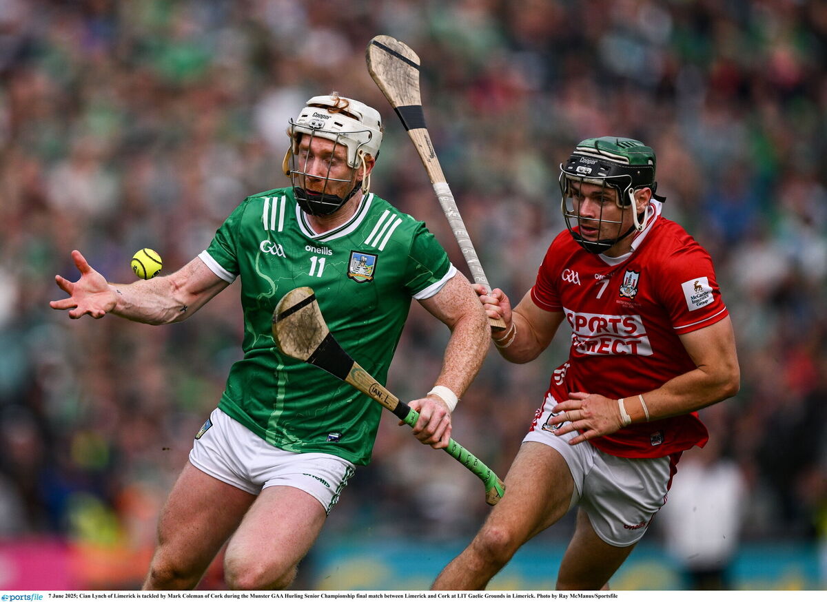 Cian Lynch of Limerick is tackled by Mark Coleman of Cork during the Munster GAA Hurling Senior Championship final. Picture: Ray McManus/Sportsfile Cian Lynch of Limerick is tackled by Mark Coleman of Cork during the Munster GAA Hurling Senior Championship final. Picture: Ray McManus/Sportsfile