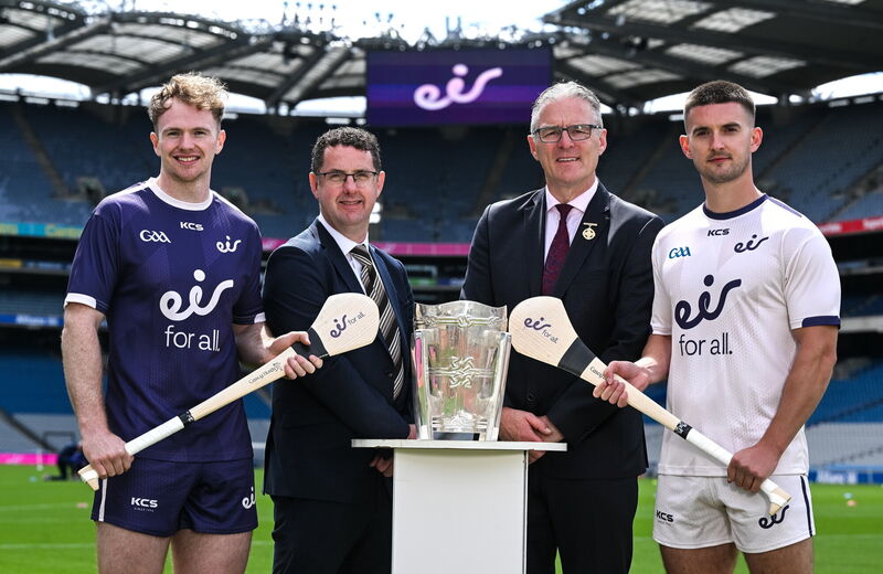 Dublin hurler Conor Burke, eir managing director, consumer &amp; small business, Kealan Donoghue, GAA President Jarlath Burns and Cork's Shane Kingston. Picture: Brendan Moran/Sportsfile