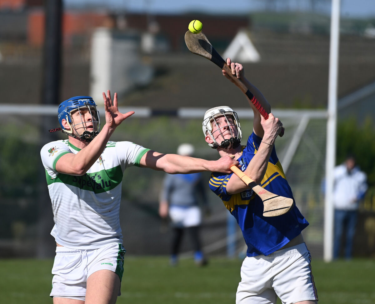  Carrigtwohill's Adam Rooney wins the sliotar from Kanturk's Colin Walsh during the Red FM HL division 1 game at Carrigtwohill. Picture: Eddie O'Hare