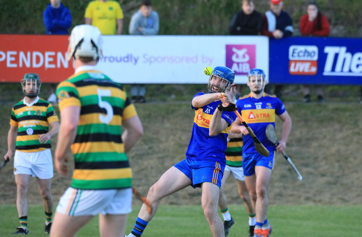Carrigaline's Rhys Murphy strikes the ball during the RedFM Hurling League clash between Glen Rovers and Carrigaline at the Glen Field, Cork. - Picture: David Creedon